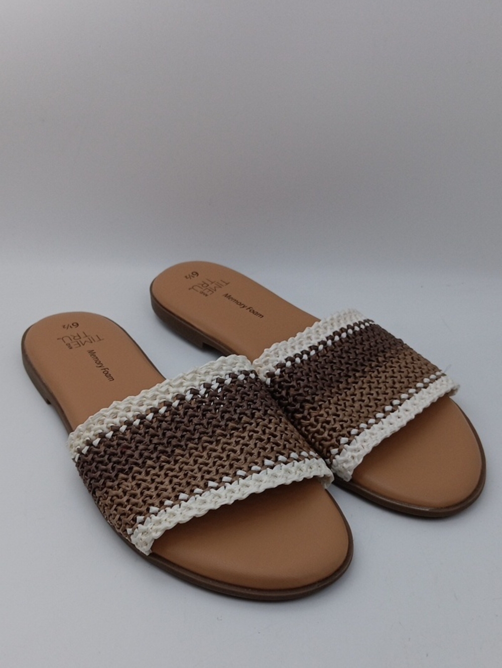 Time and Tru Brown and Cream Woven Slide Sandals